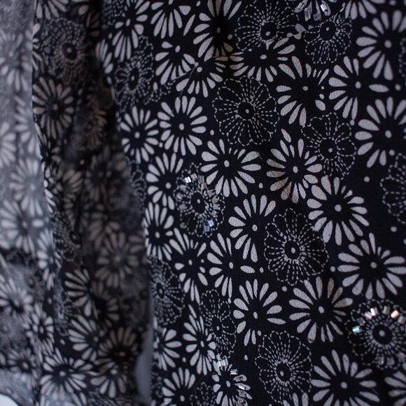 Sheer Black Floral Beaded Blouse NYC Design Co Tie Front Top P Med | True Winter - Picture 7 of 9